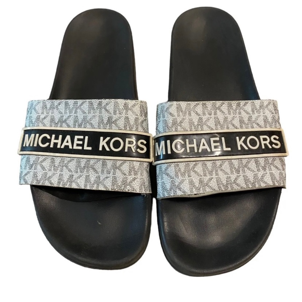 Women’s MK Michael Kors Demi Flat Slide Sandals Mini MK Logo Black/Silver Sz 10
